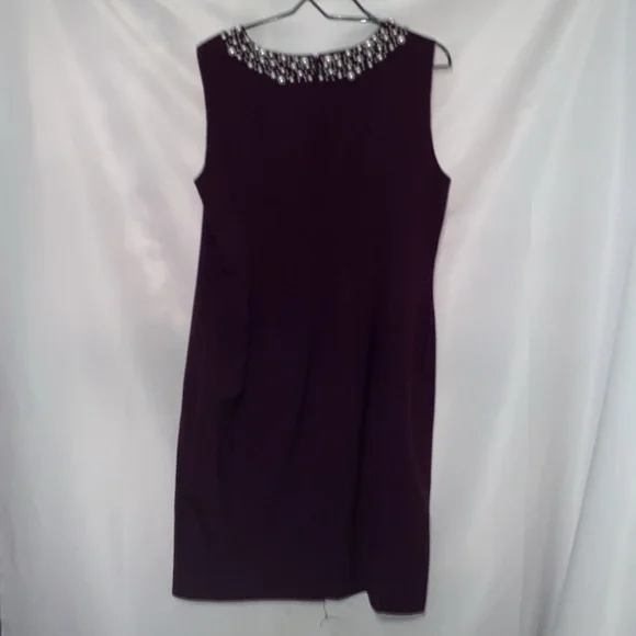 Calvin Klein Deep Purple Dress Embellished FAUX PEARL Neckline WOMENS SIZE 14 - Picture 8 of 13
